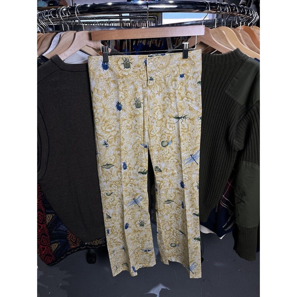 Vintage Lidi Women's Yellow Flower Insect Bug Graphic Flared Hippie Boho Pants 4